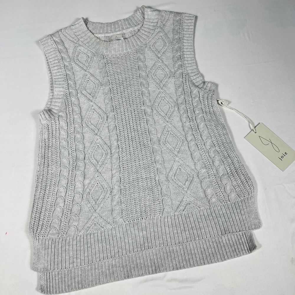 Joie‎ Womens Light Grey Cable Knit Sweater Vest Crew Neck High Low Hem NEW